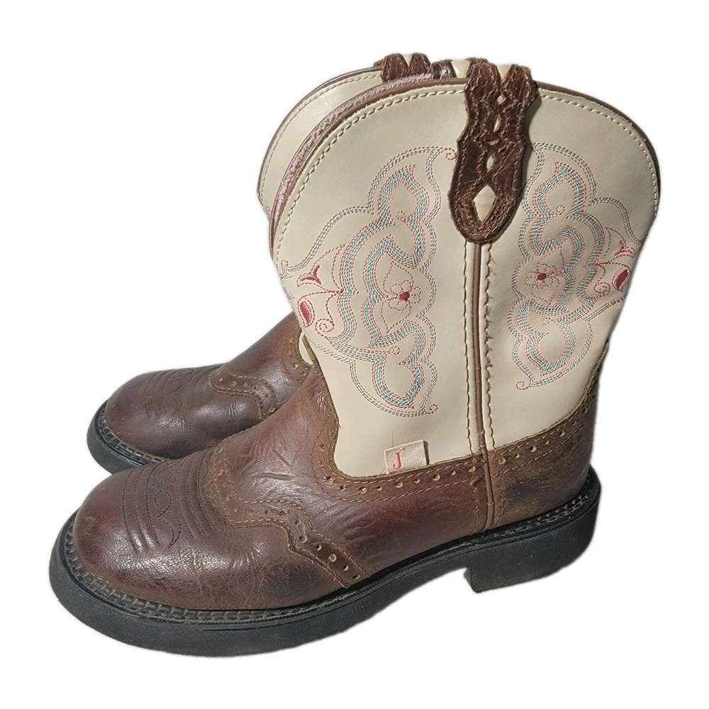 Justin Gypsy Boots Womens 9 B Brown Cream Leather Western Cowgirl Embroidered